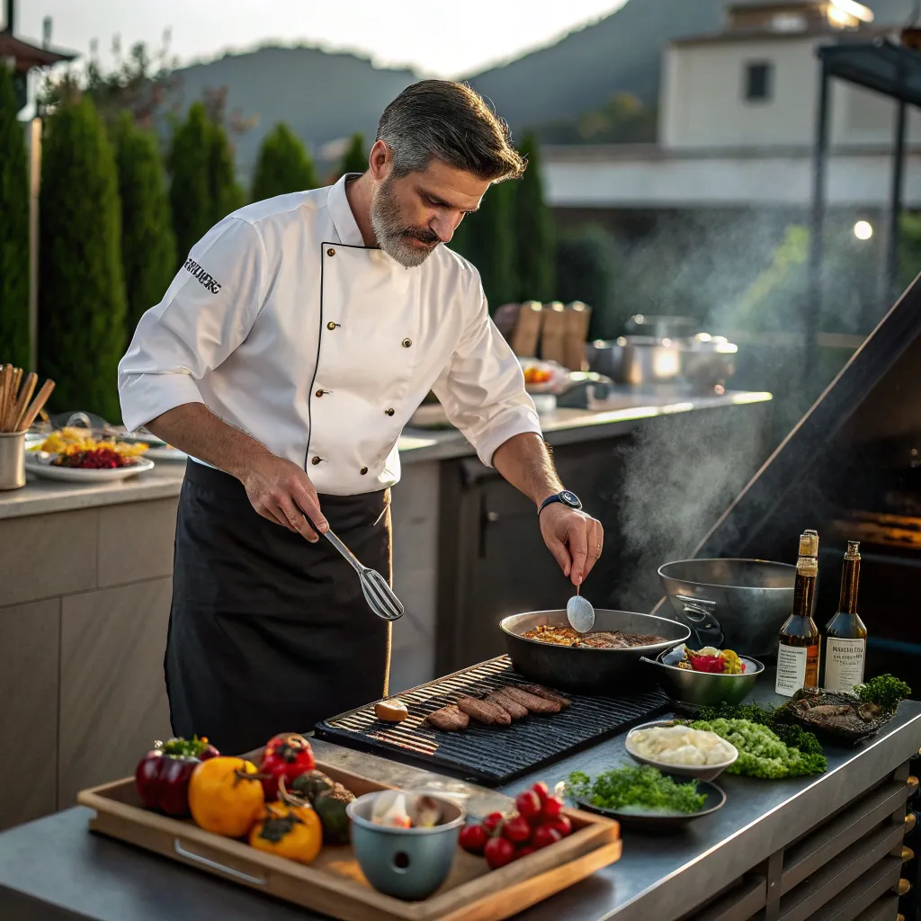 Professional chef demonstrating outdoor cooking techniques